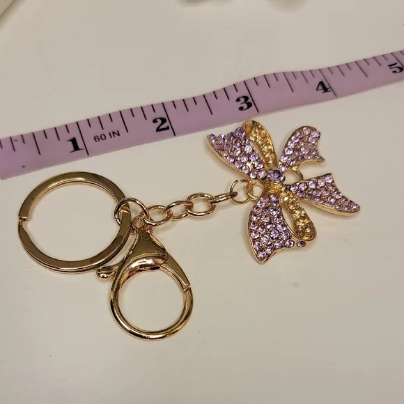 Purple Gold Bow Keychain Bag charm Rhinestone - Picture 7 of 10